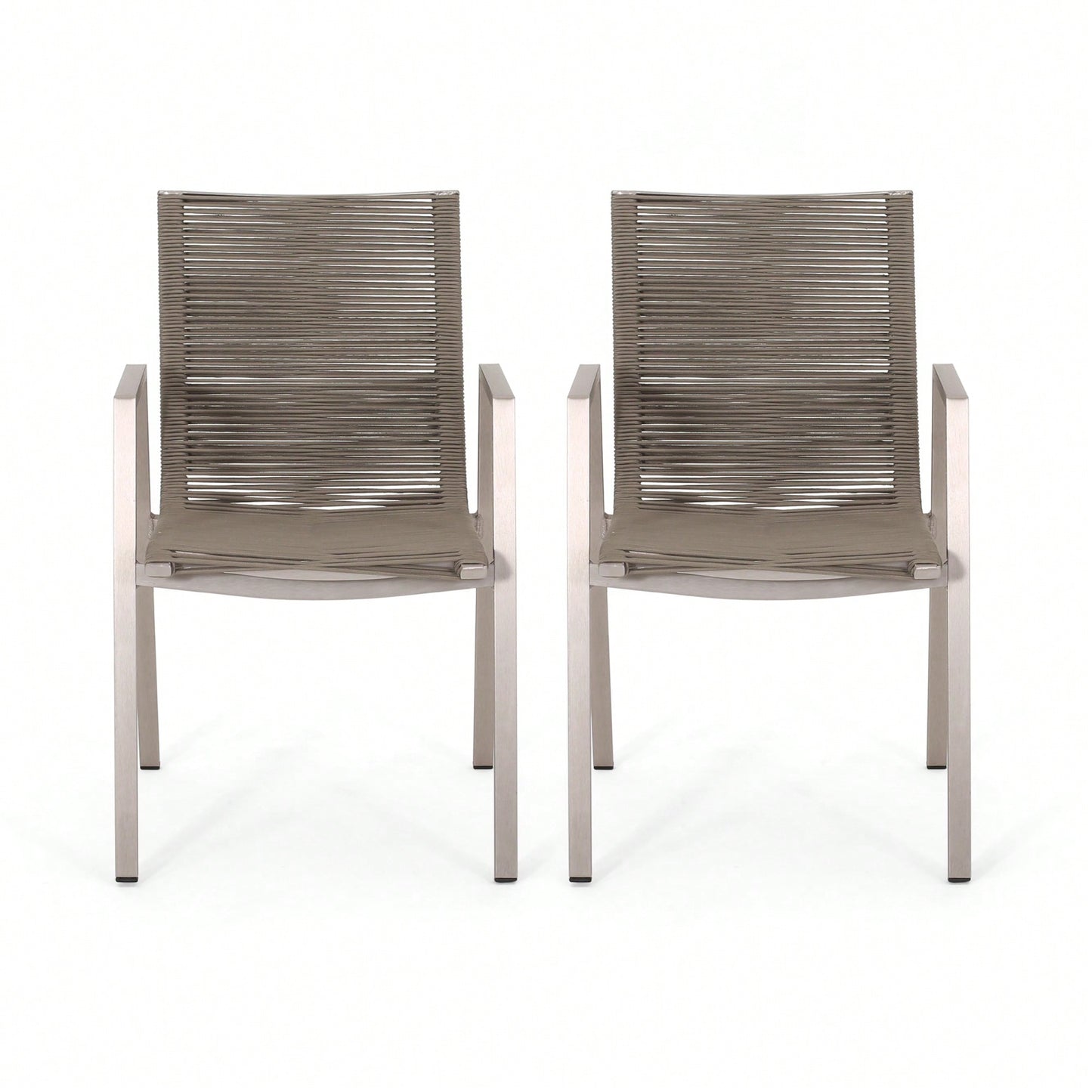 Contemporary Outdoor Aluminum Dining Chairs With Rope Seat Set Of 2 Silver And Taupe