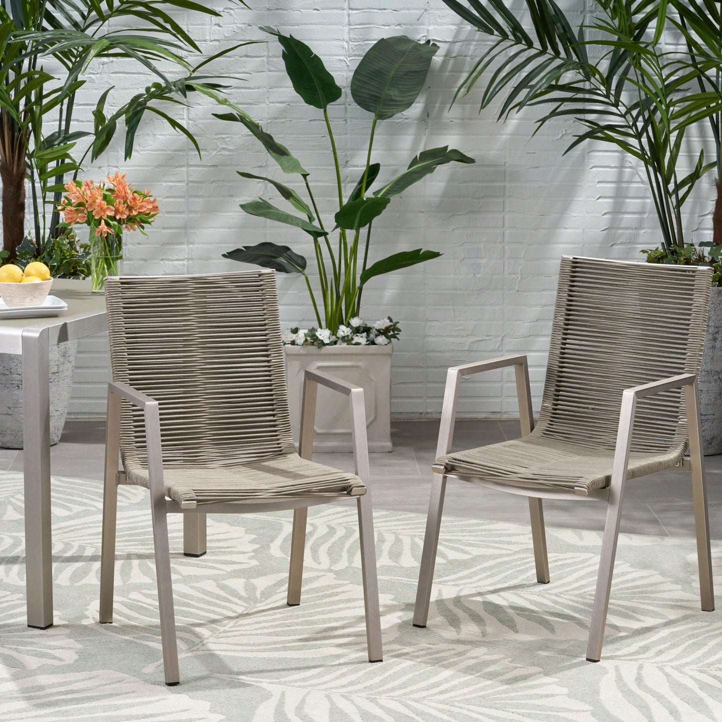 Contemporary Outdoor Aluminum Dining Chairs With Rope Seat Set Of 2 Silver And Taupe