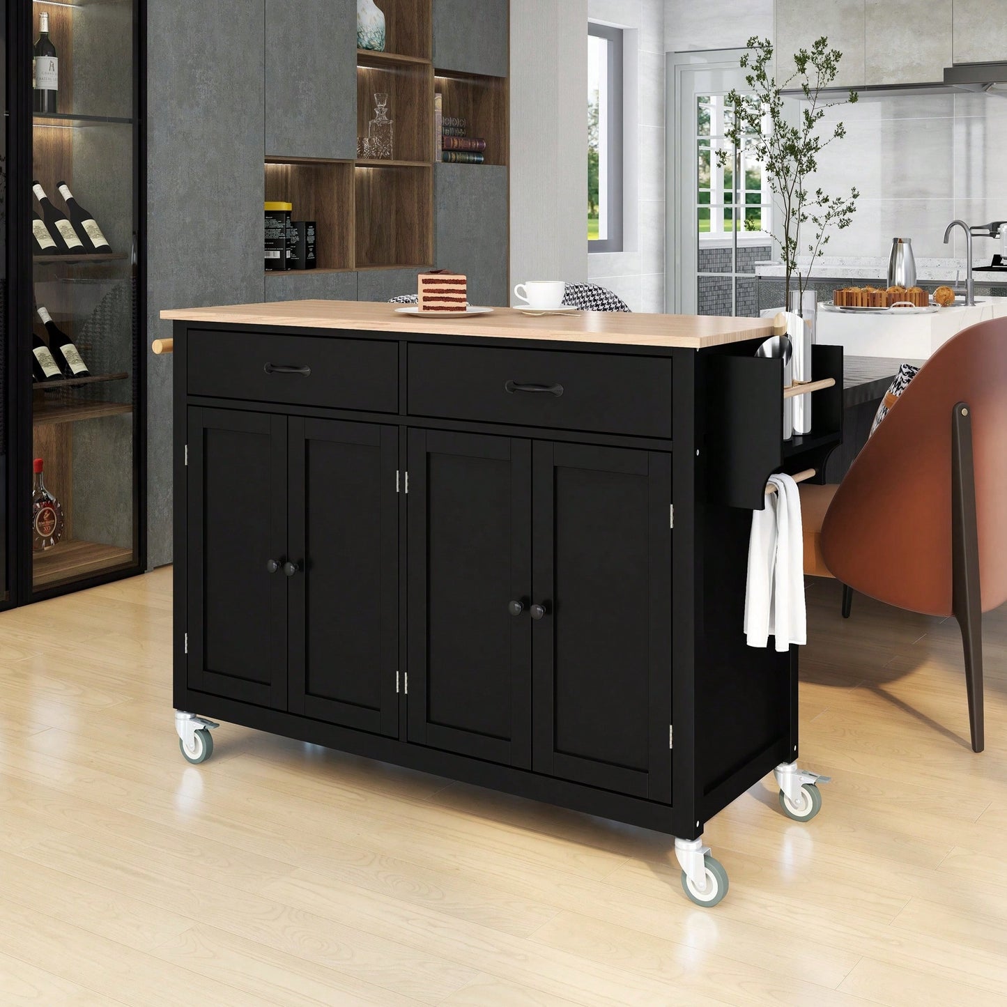 Versatile Kitchen Island Cart With Solid Wood Top, Locking Wheels, Ample Storage, And Convenient Accessories In Black Finish