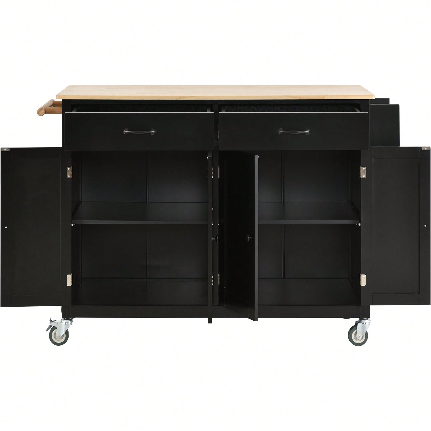 Versatile Kitchen Island Cart With Solid Wood Top, Locking Wheels, Ample Storage, And Convenient Accessories In Black Finish