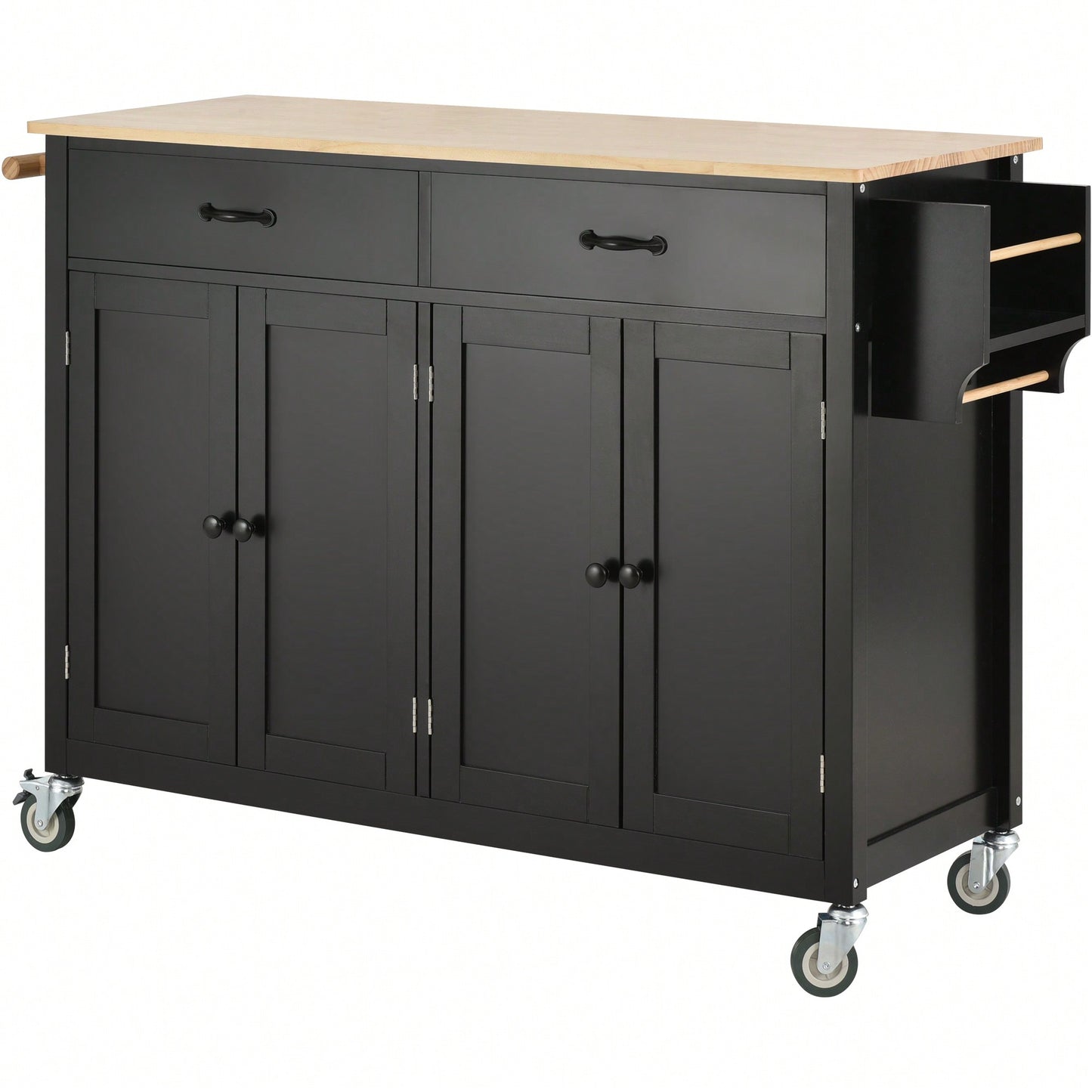 Versatile Kitchen Island Cart With Solid Wood Top, Locking Wheels, Ample Storage, And Convenient Accessories In Black Finish