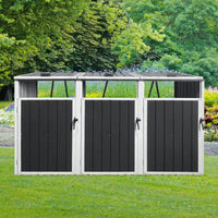 Outdoor Metal Garbage Bin Shed For 3 Trash Cans Grey Storage Solution