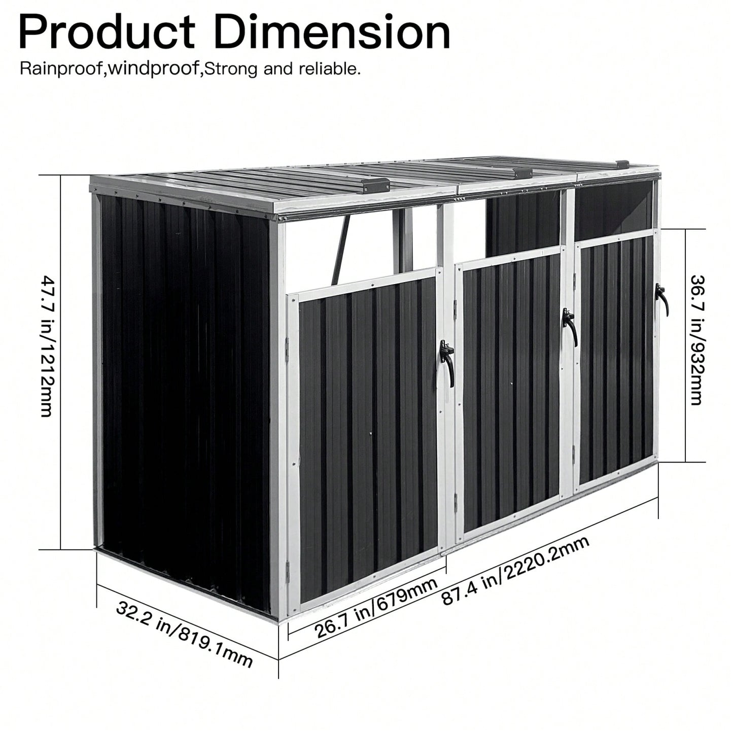 Outdoor Metal Garbage Bin Shed For 3 Trash Cans Grey Storage Solution