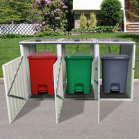 Outdoor Metal Garbage Bin Shed For 3 Trash Cans Grey Storage Solution