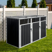 Outdoor Metal Garbage Bin Shed For 3 Trash Cans Grey Storage Solution