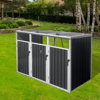 Outdoor Metal Garbage Bin Shed For 3 Trash Cans Grey Storage Solution