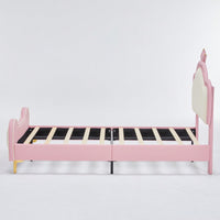Twin Size Princess Bed With Crown Headboard And Storage Pocket, PU Upholstered Platform Bed For Kids, Easy Assembly, Pink