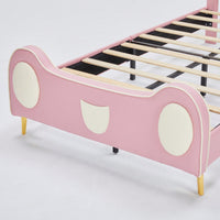 Twin Size Princess Bed With Crown Headboard And Storage Pocket, PU Upholstered Platform Bed For Kids, Easy Assembly, Pink