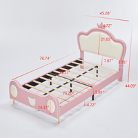 Twin Size Princess Bed With Crown Headboard And Storage Pocket, PU Upholstered Platform Bed For Kids, Easy Assembly, Pink