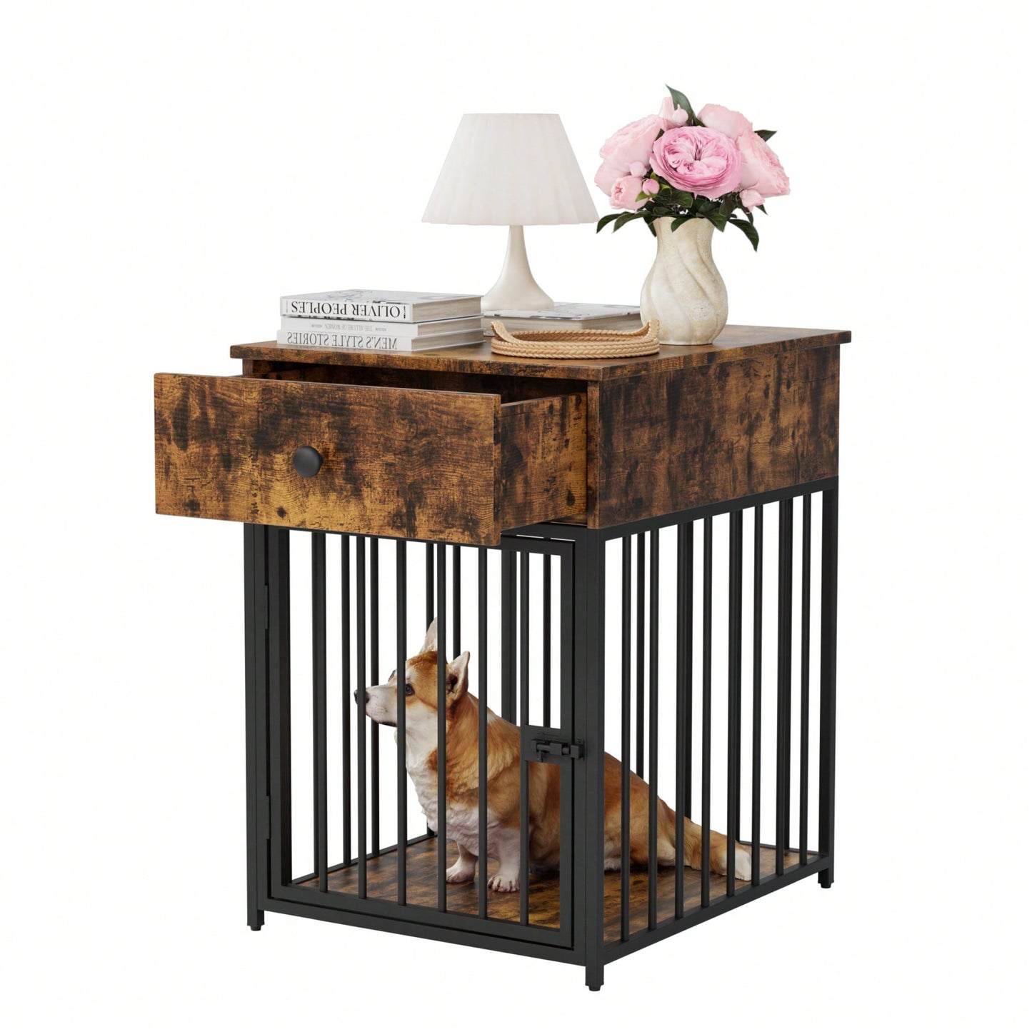 Stylish Indoor Dog Crate Furniture With Drawer - Decorative Chew-Proof Dog Kennel And End Table For Small Pets