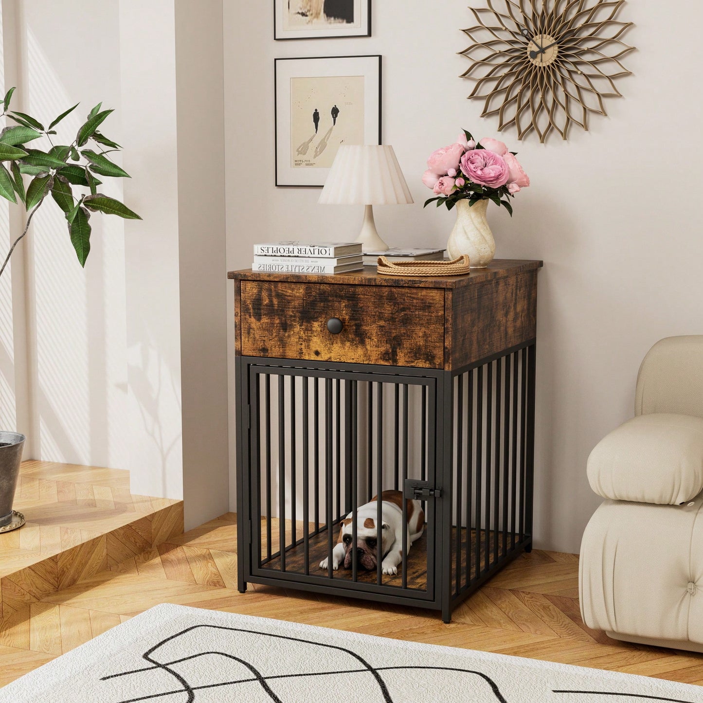 Stylish Indoor Dog Crate Furniture With Drawer - Decorative Chew-Proof Dog Kennel And End Table For Small Pets