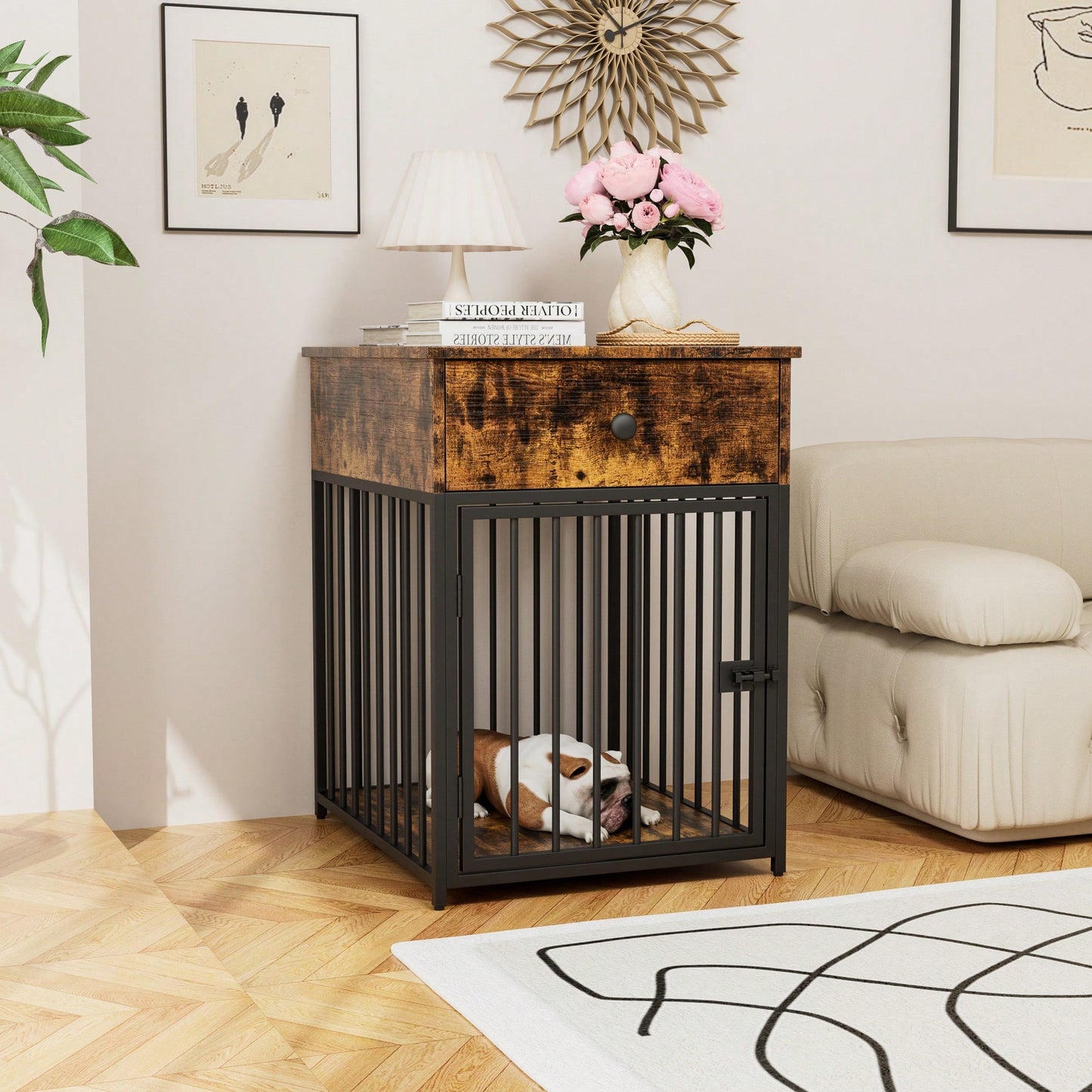 Stylish Indoor Dog Crate Furniture With Drawer - Decorative Chew-Proof Dog Kennel And End Table For Small Pets