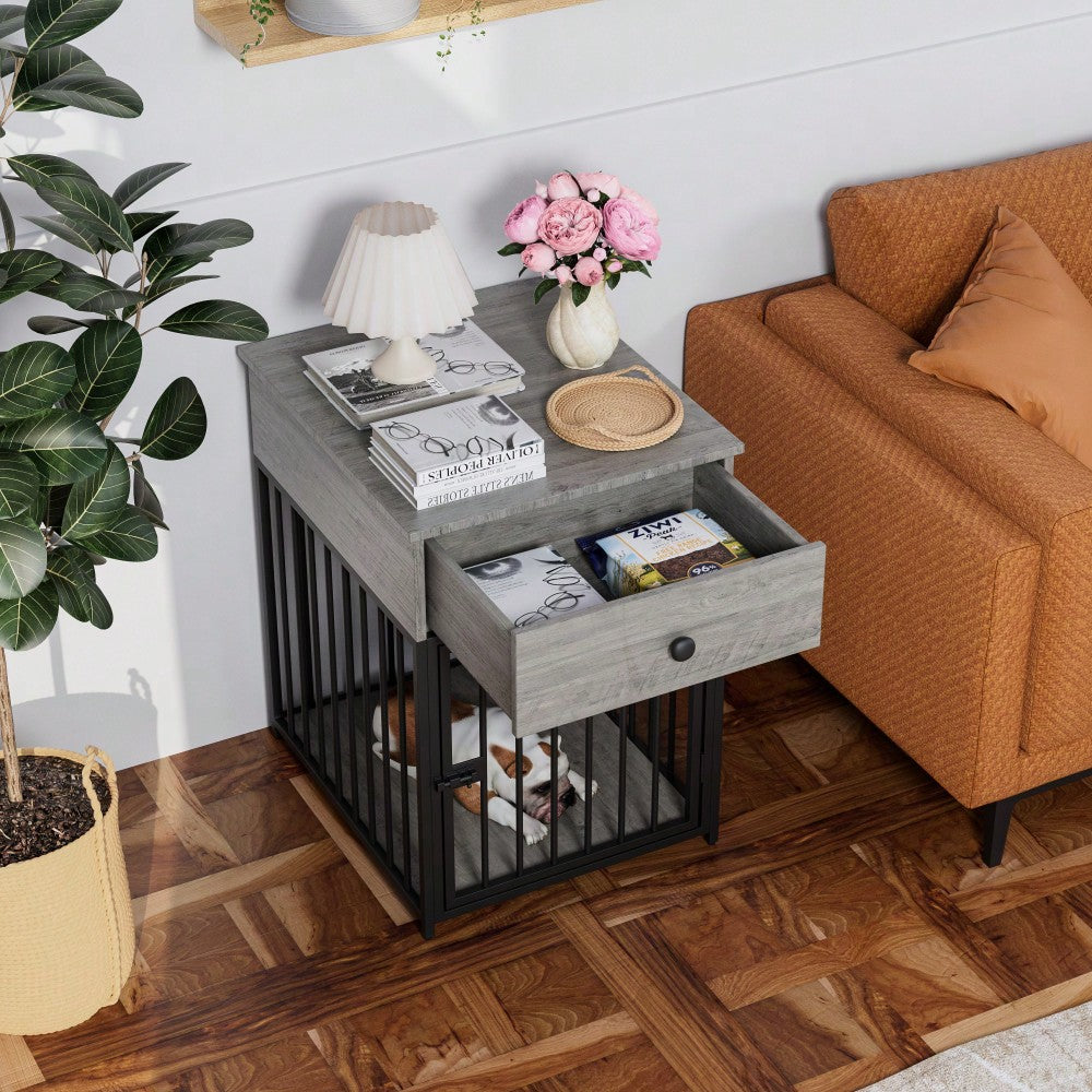 Stylish Indoor Dog Crate Furniture With Drawer - Decorative Chew-Proof Dog Kennel And End Table For Small Pets