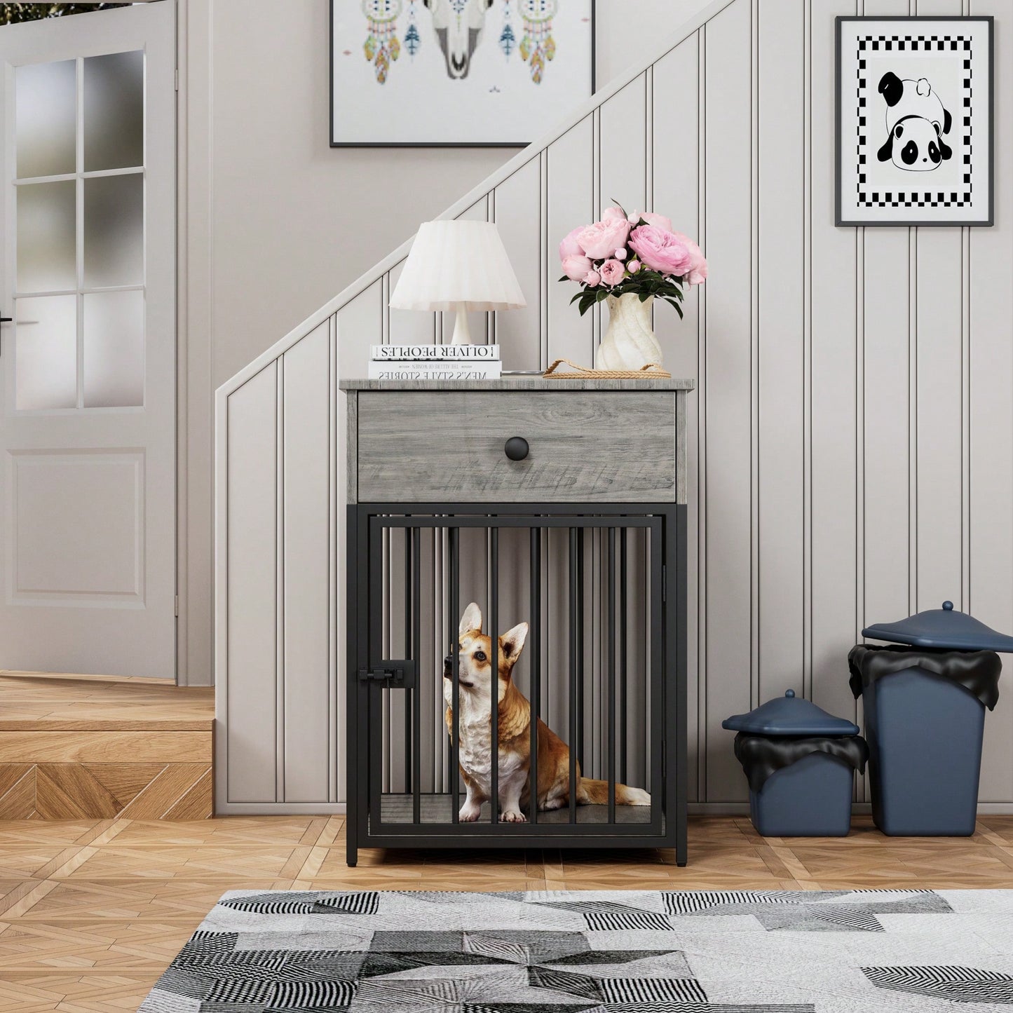 Stylish Indoor Dog Crate Furniture With Drawer - Decorative Chew-Proof Dog Kennel And End Table For Small Pets