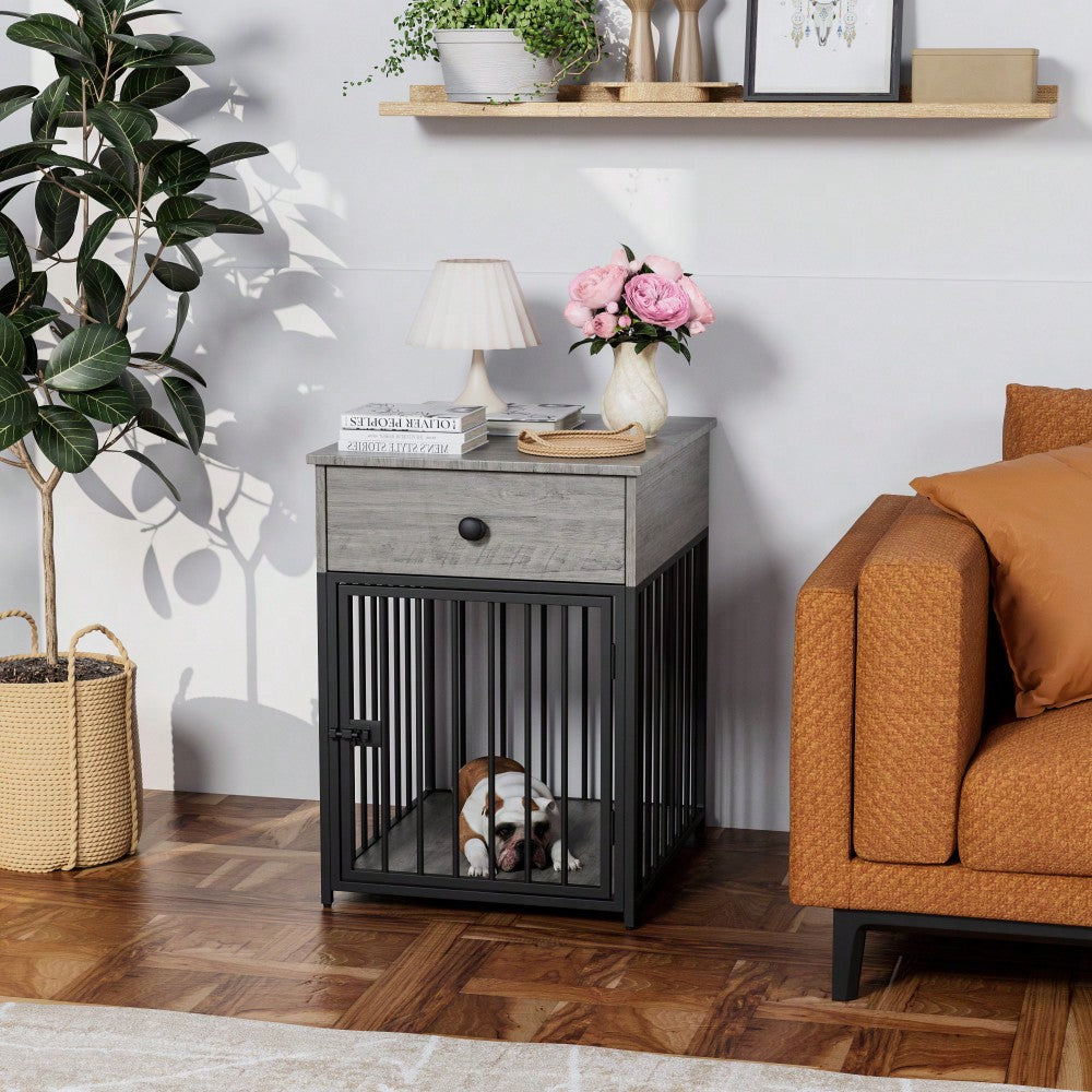 Stylish Indoor Dog Crate Furniture With Drawer - Decorative Chew-Proof Dog Kennel And End Table For Small Pets