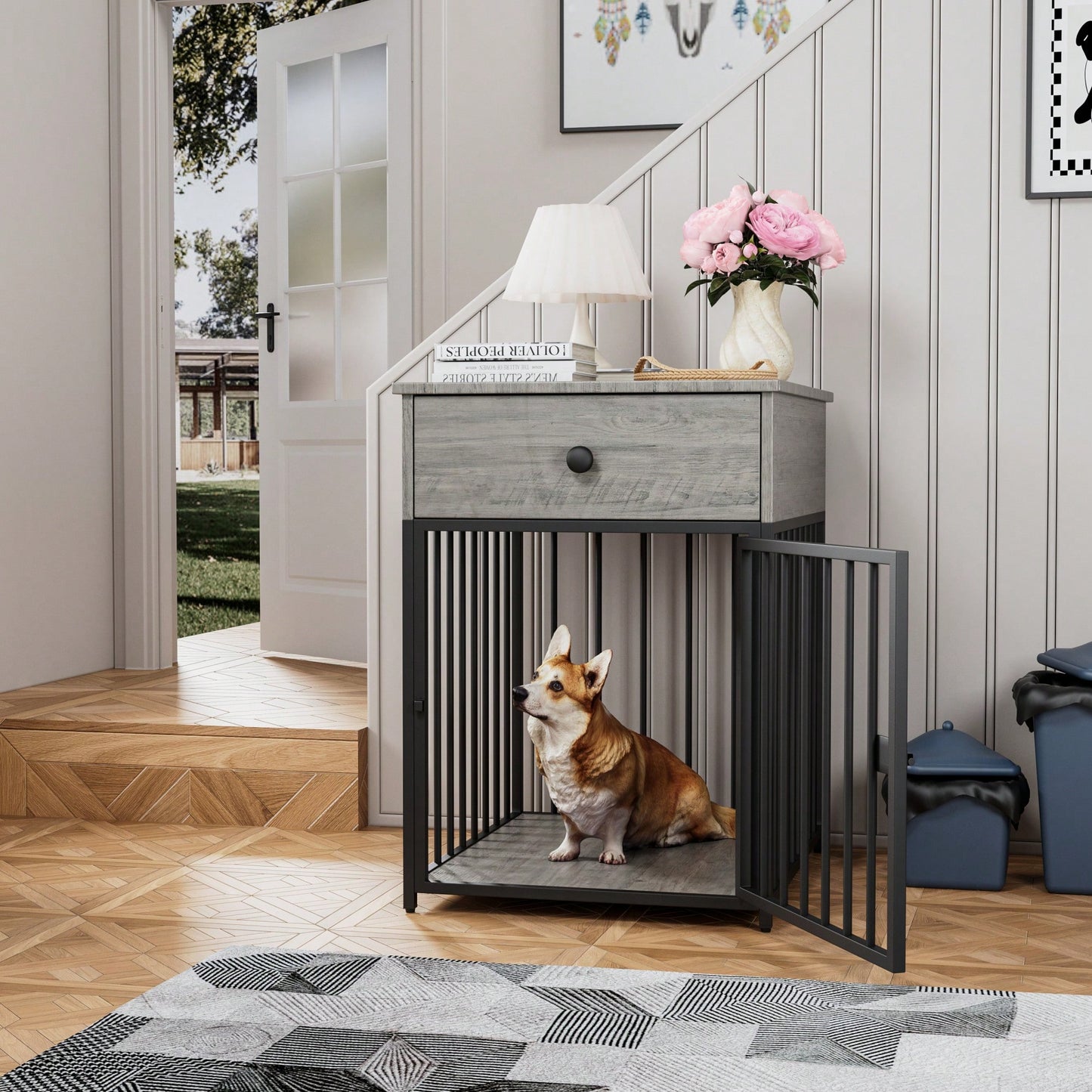 Stylish Indoor Dog Crate Furniture With Drawer - Decorative Chew-Proof Dog Kennel And End Table For Small Pets