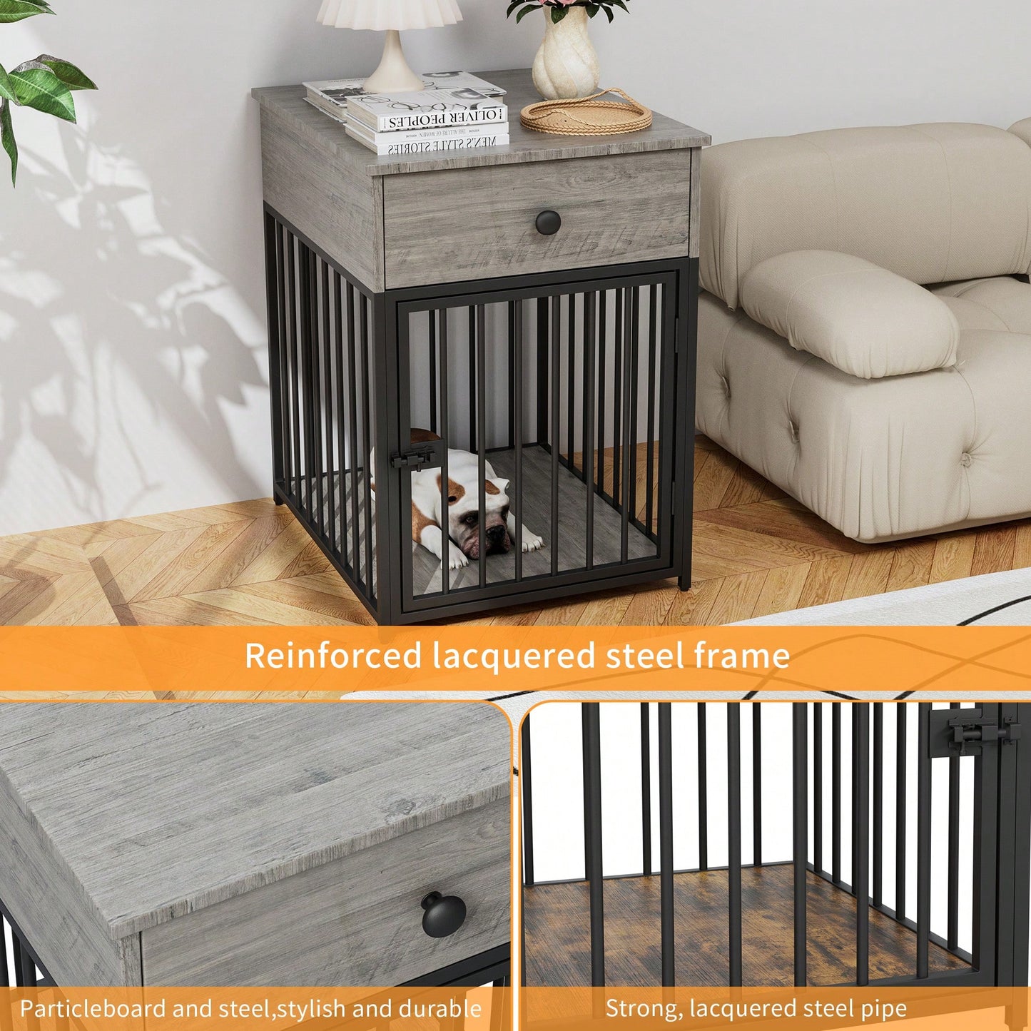 Stylish Indoor Dog Crate Furniture With Drawer - Decorative Chew-Proof Dog Kennel And End Table For Small Pets