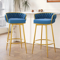 Modern Swivel Counter Height Bar Stools Set of 2 with Hand-Woven Backrest Gold Metal Legs Upholstered Low Back Kitchen Chairs Beige