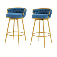 Modern Swivel Counter Height Bar Stools Set of 2 with Hand-Woven Backrest Gold Metal Legs Upholstered Low Back Kitchen Chairs Beige