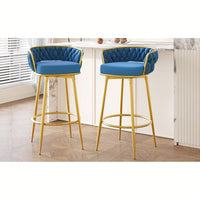 Modern Swivel Counter Height Bar Stools Set of 2 with Hand-Woven Backrest Gold Metal Legs Upholstered Low Back Kitchen Chairs Beige