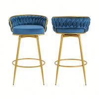 Modern Swivel Counter Height Bar Stools Set of 2 with Hand-Woven Backrest Gold Metal Legs Upholstered Low Back Kitchen Chairs Beige