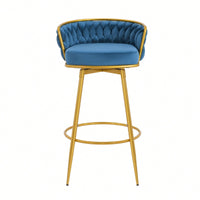 Modern Swivel Counter Height Bar Stools Set of 2 with Hand-Woven Backrest Gold Metal Legs Upholstered Low Back Kitchen Chairs Beige