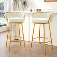 Modern Swivel Counter Height Bar Stools Set of 2 with Hand-Woven Backrest Gold Metal Legs Upholstered Low Back Kitchen Chairs Beige