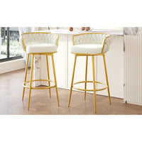 Modern Swivel Counter Height Bar Stools Set of 2 with Hand-Woven Backrest Gold Metal Legs Upholstered Low Back Kitchen Chairs Beige