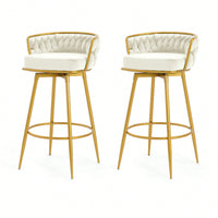 Modern Swivel Counter Height Bar Stools Set of 2 with Hand-Woven Backrest Gold Metal Legs Upholstered Low Back Kitchen Chairs Beige