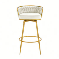 Modern Swivel Counter Height Bar Stools Set of 2 with Hand-Woven Backrest Gold Metal Legs Upholstered Low Back Kitchen Chairs Beige