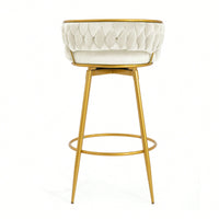 Modern Swivel Counter Height Bar Stools Set of 2 with Hand-Woven Backrest Gold Metal Legs Upholstered Low Back Kitchen Chairs Beige