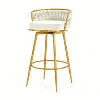 Modern Swivel Counter Height Bar Stools Set of 2 with Hand-Woven Backrest Gold Metal Legs Upholstered Low Back Kitchen Chairs Beige