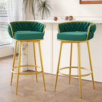 Modern Swivel Counter Height Bar Stools Set of 2 with Hand-Woven Backrest Gold Metal Legs Upholstered Low Back Kitchen Chairs Beige