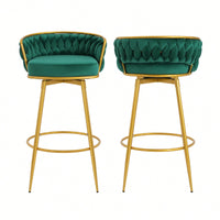 Modern Swivel Counter Height Bar Stools Set of 2 with Hand-Woven Backrest Gold Metal Legs Upholstered Low Back Kitchen Chairs Beige