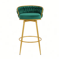 Modern Swivel Counter Height Bar Stools Set of 2 with Hand-Woven Backrest Gold Metal Legs Upholstered Low Back Kitchen Chairs Beige