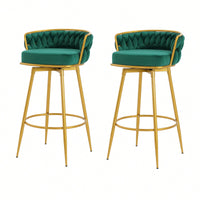 Modern Swivel Counter Height Bar Stools Set of 2 with Hand-Woven Backrest Gold Metal Legs Upholstered Low Back Kitchen Chairs Beige