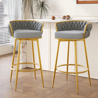 Modern Swivel Counter Height Bar Stools Set of 2 with Hand-Woven Backrest Gold Metal Legs Upholstered Low Back Kitchen Chairs Beige