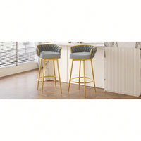 Modern Swivel Counter Height Bar Stools Set of 2 with Hand-Woven Backrest Gold Metal Legs Upholstered Low Back Kitchen Chairs Beige