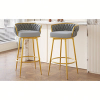 Modern Swivel Counter Height Bar Stools Set of 2 with Hand-Woven Backrest Gold Metal Legs Upholstered Low Back Kitchen Chairs Beige