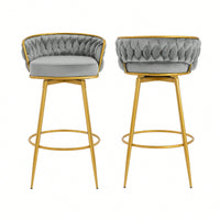 Modern Swivel Counter Height Bar Stools Set of 2 with Hand-Woven Backrest Gold Metal Legs Upholstered Low Back Kitchen Chairs Beige