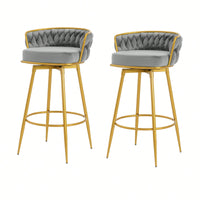 Modern Swivel Counter Height Bar Stools Set of 2 with Hand-Woven Backrest Gold Metal Legs Upholstered Low Back Kitchen Chairs Beige
