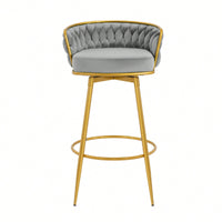 Modern Swivel Counter Height Bar Stools Set of 2 with Hand-Woven Backrest Gold Metal Legs Upholstered Low Back Kitchen Chairs Beige