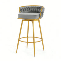 Modern Swivel Counter Height Bar Stools Set of 2 with Hand-Woven Backrest Gold Metal Legs Upholstered Low Back Kitchen Chairs Beige