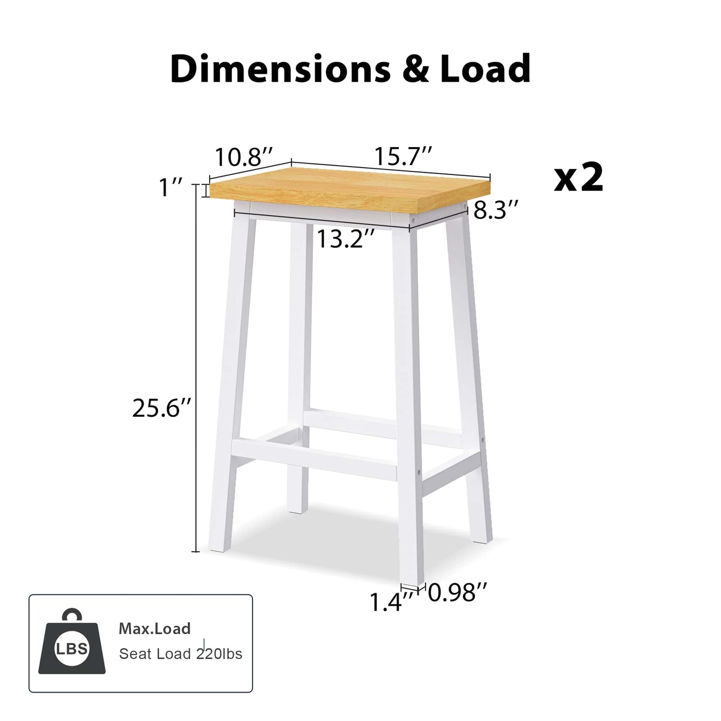 Solid Wood Bar Stools Set Of 2 25.6 Inch Tall Kitchen Counter Chairs With Footrests Farmhouse Style For Dining Room And Kitchen Black Finish