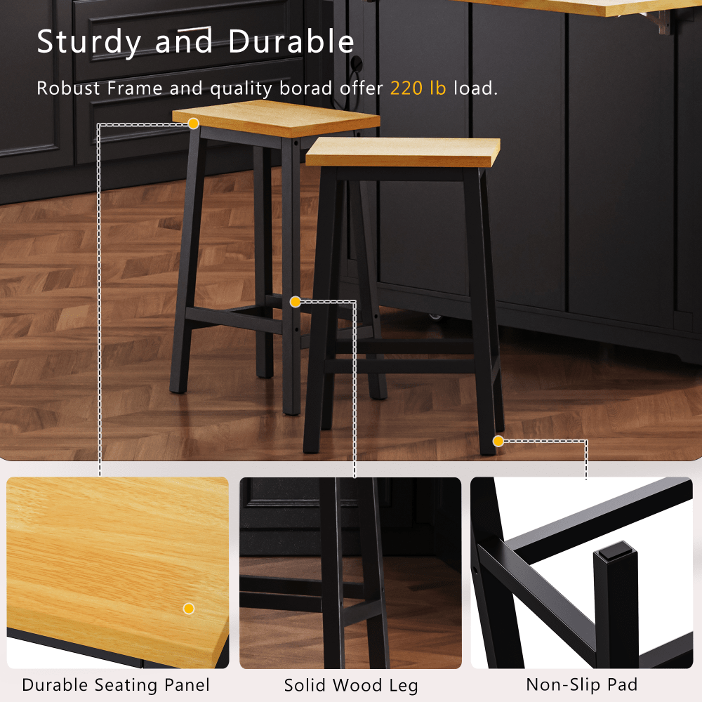 Solid Wood Bar Stools Set Of 2 25.6 Inch Tall Kitchen Counter Chairs With Footrests Farmhouse Style For Dining Room And Kitchen Black Finish