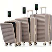 3 Piece Hard Shell Luggage Set With Front Pocket, 20 24 Inch Carry-On Bags, TSA Lock, USB Port, Universal Wheels, Gradient Blue Design
