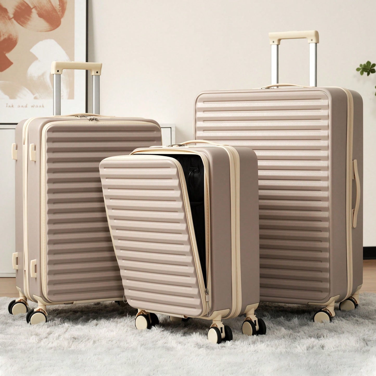 3 Piece Hard Shell Luggage Set With Front Pocket, 20 24 Inch Carry-On Bags, TSA Lock, USB Port, Universal Wheels, Gradient Blue Design