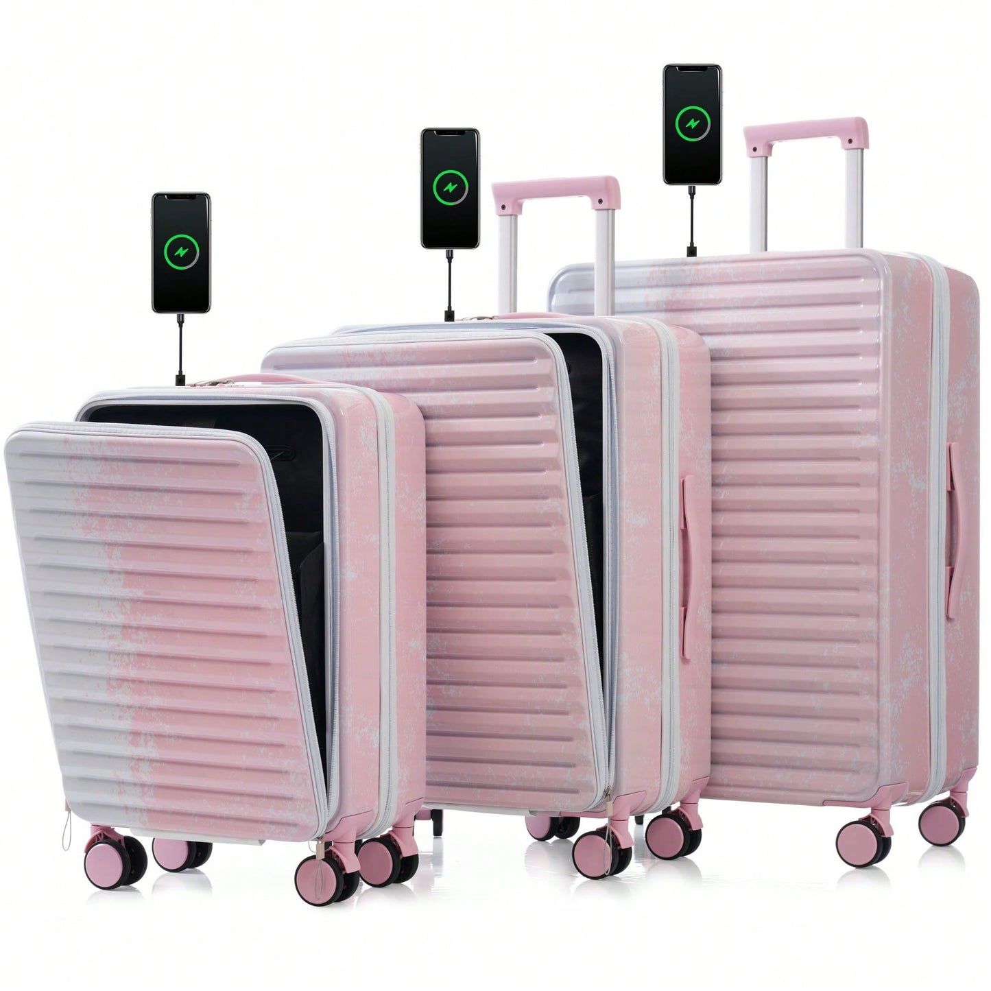3 Piece Hard Shell Luggage Set With Front Pocket, 20 24 Inch Carry-On Bags, TSA Lock, USB Port, Universal Wheels, Gradient Blue Design