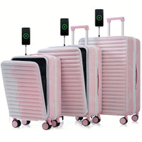 3 Piece Hard Shell Luggage Set With Front Pocket, 20 24 Inch Carry-On Bags, TSA Lock, USB Port, Universal Wheels, Gradient Blue Design