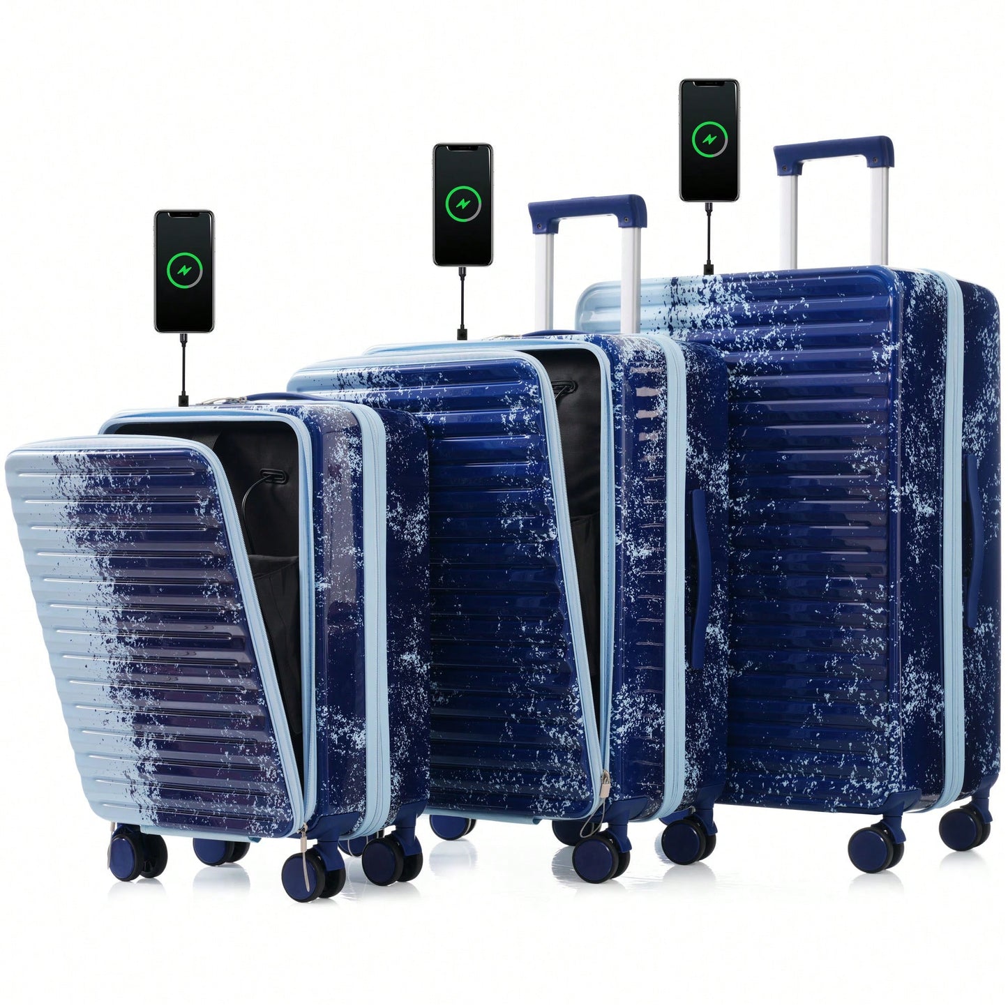 3 Piece Hard Shell Luggage Set With Front Pocket, 20 24 Inch Carry-On Bags, TSA Lock, USB Port, Universal Wheels, Gradient Blue Design